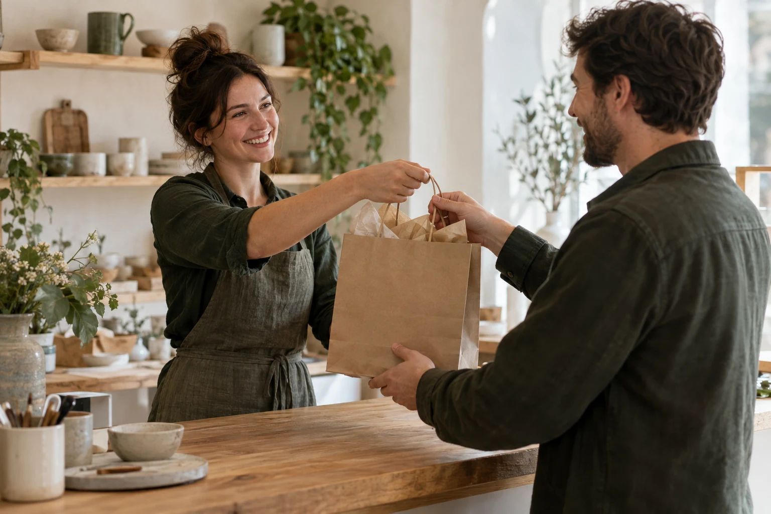 A homeware business owner handing a customer their purchase